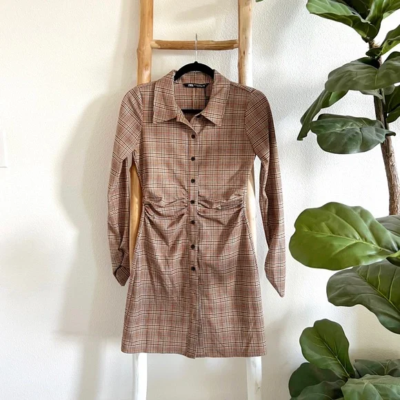 Zara Plaid Brown Terracotta Ruched Mini Button Down Collard Dress NWT - Picture 2 of 6